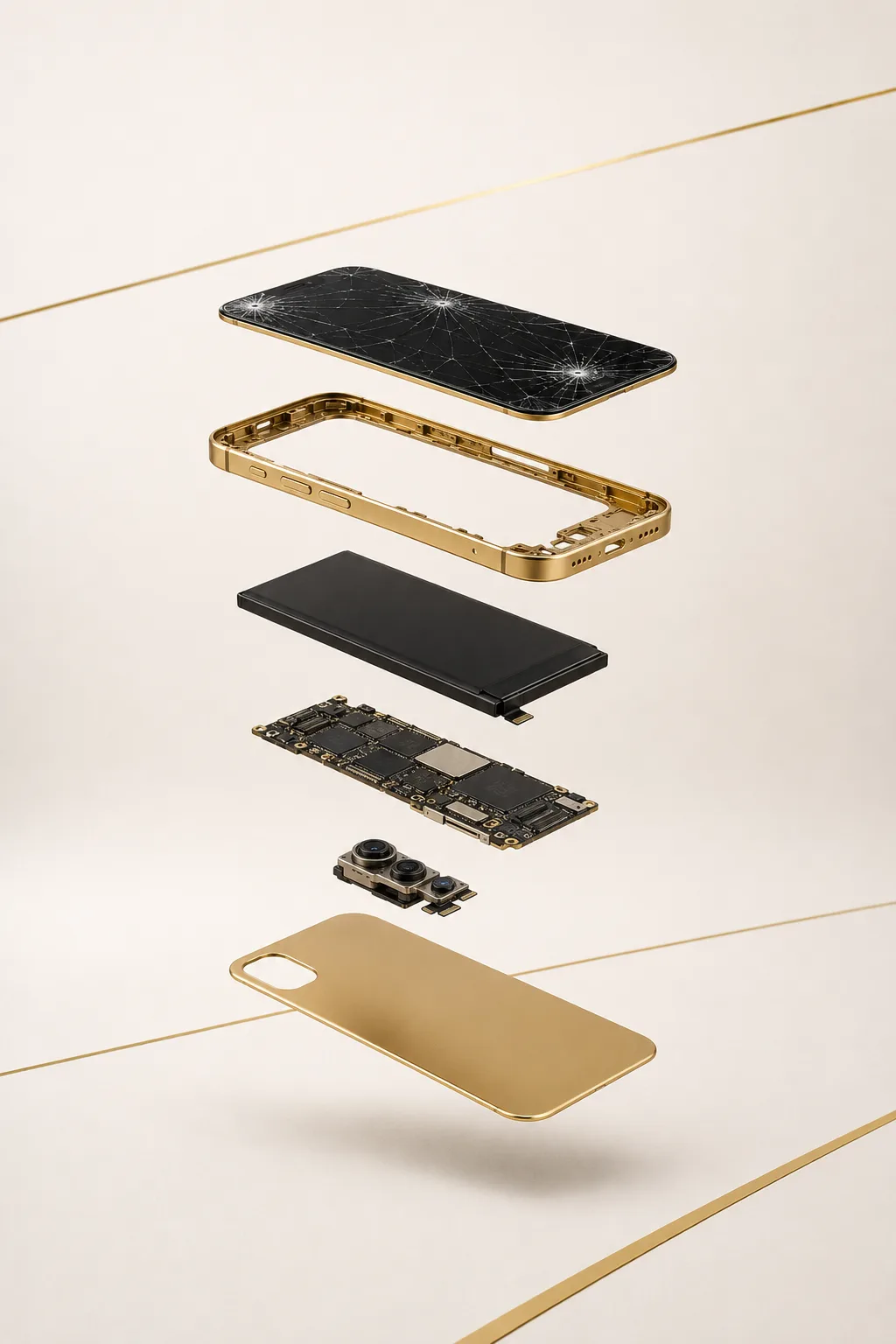 Vue éclatée d'un smartphone doré, le savoir-faire de L'As du Mobile